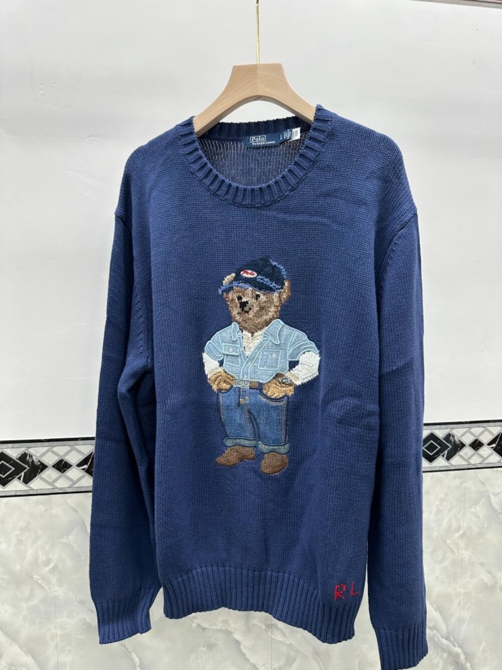 Polo Ralph Lauren Blue Denim Outfit Workwear Polo Bear Crewneck Knit Sweater